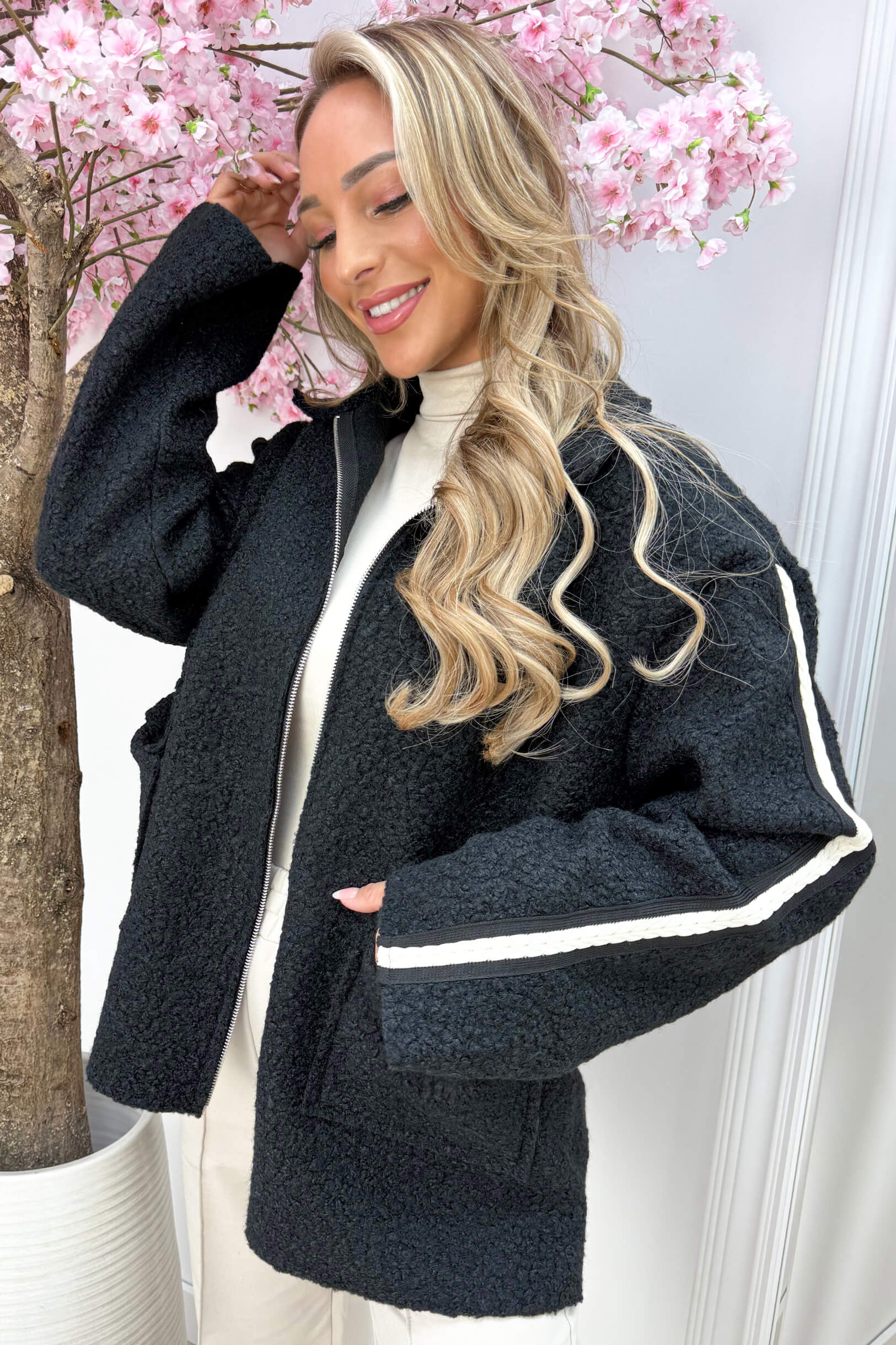 Teddy stripe jacket - Zwart