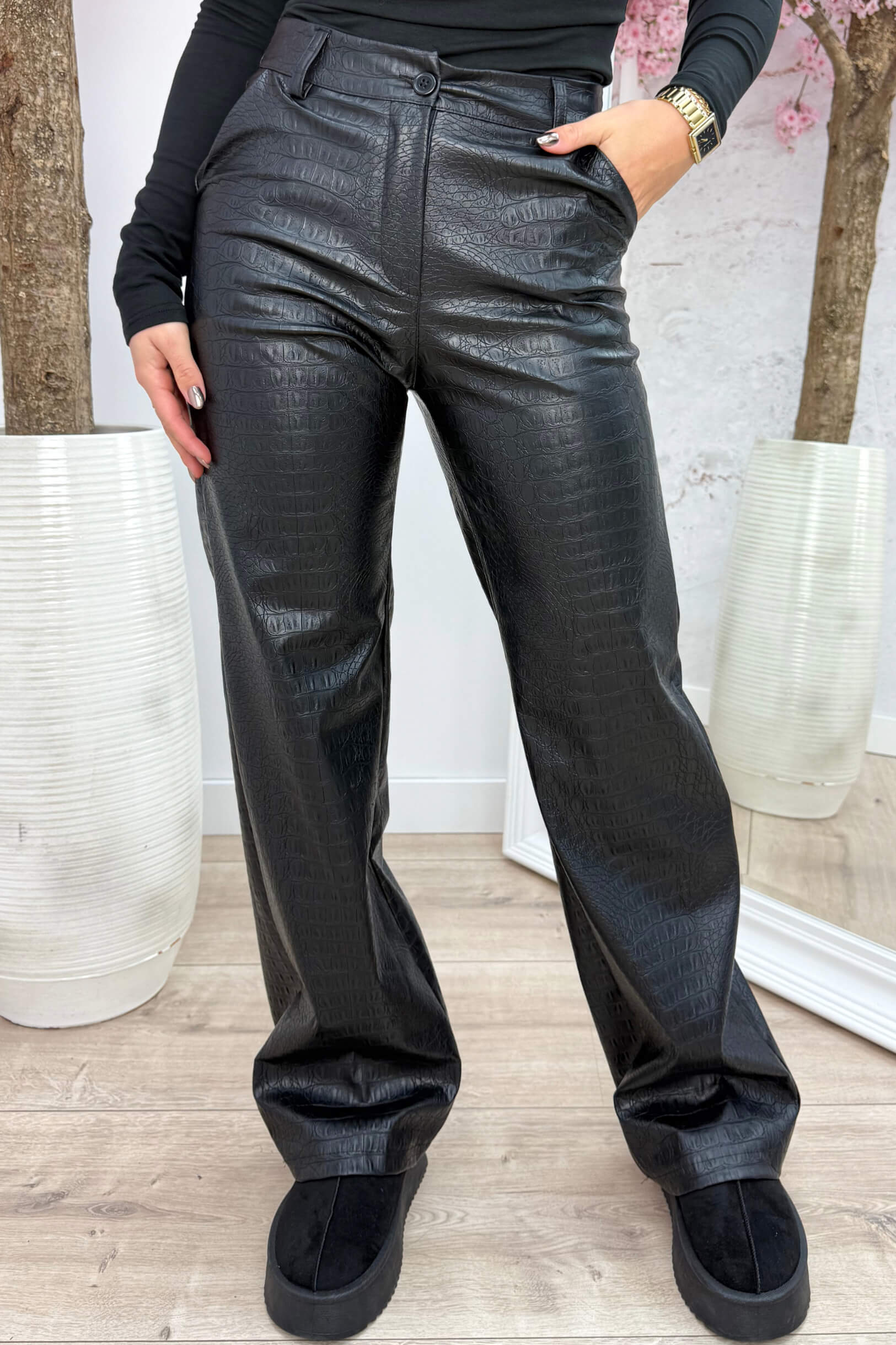 Snake leather look pants - Zwart