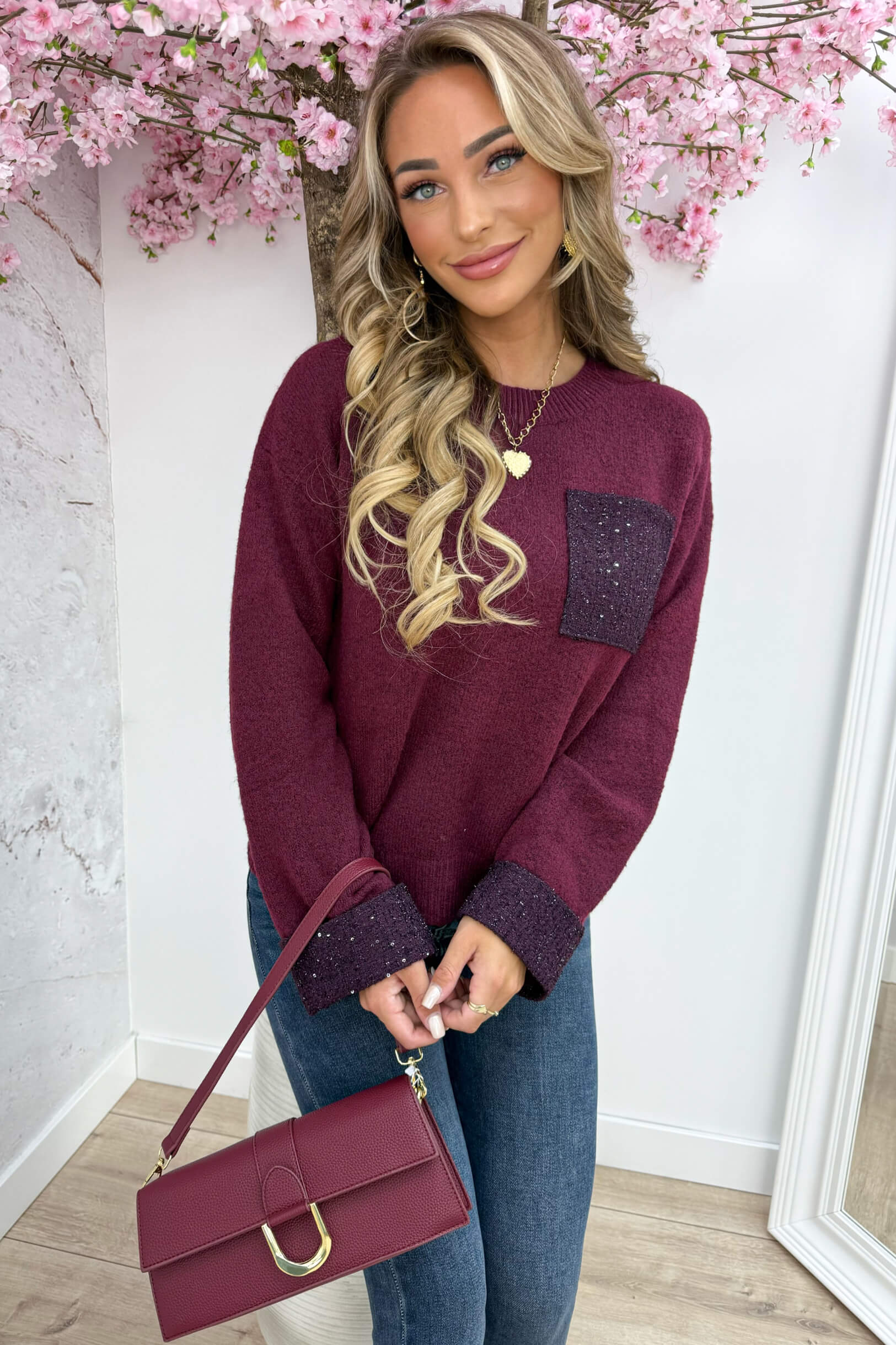 Tweed Pocket Paillet Pullover - DK. lila