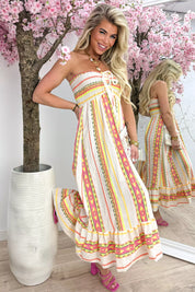 Cotton aztec strapless dress - Fuchsia