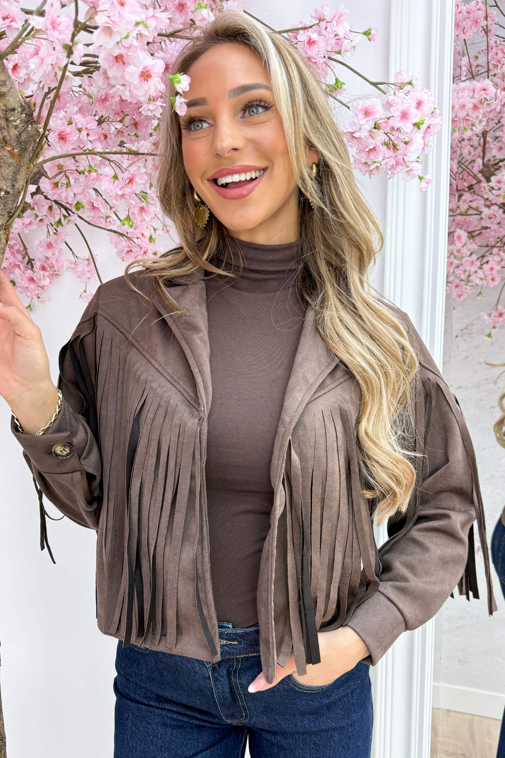 Yeehaw fringe suede look jacket - Bruin