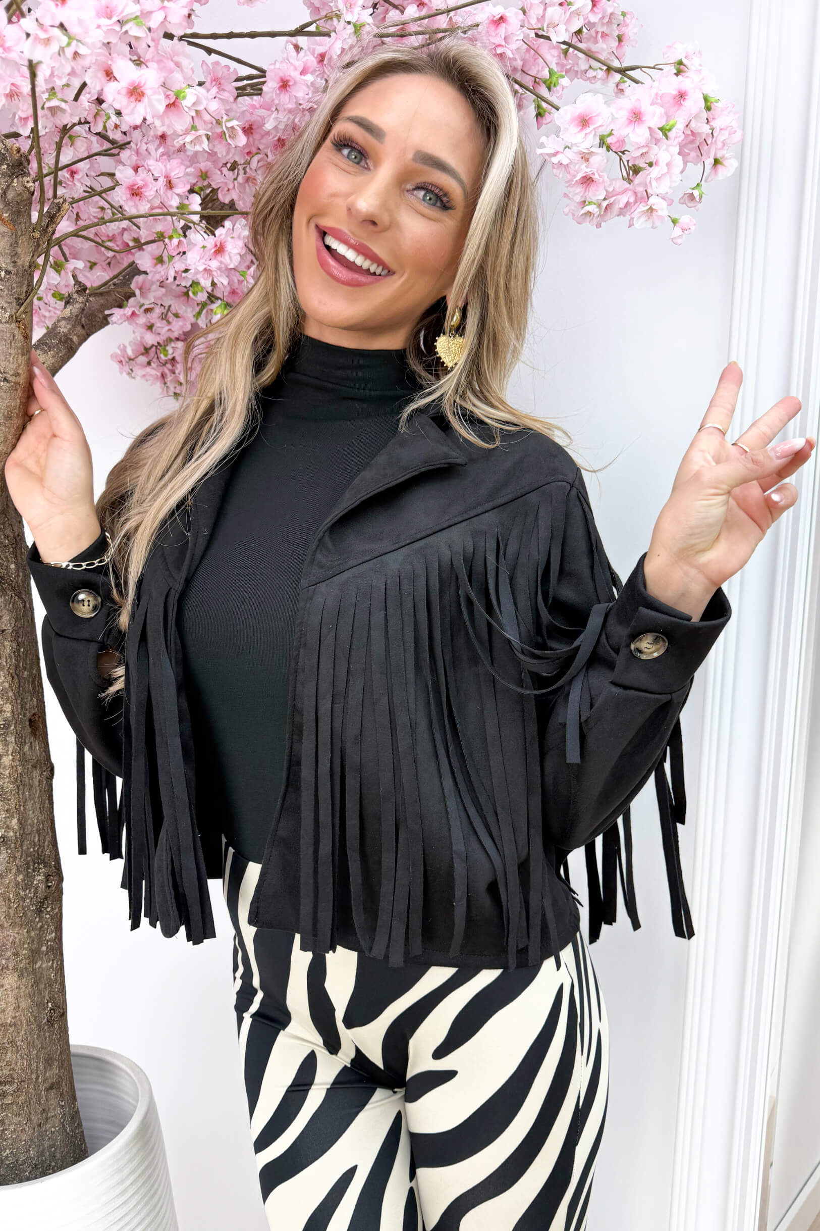Yeehaw fringe suede look jacket - Zwart