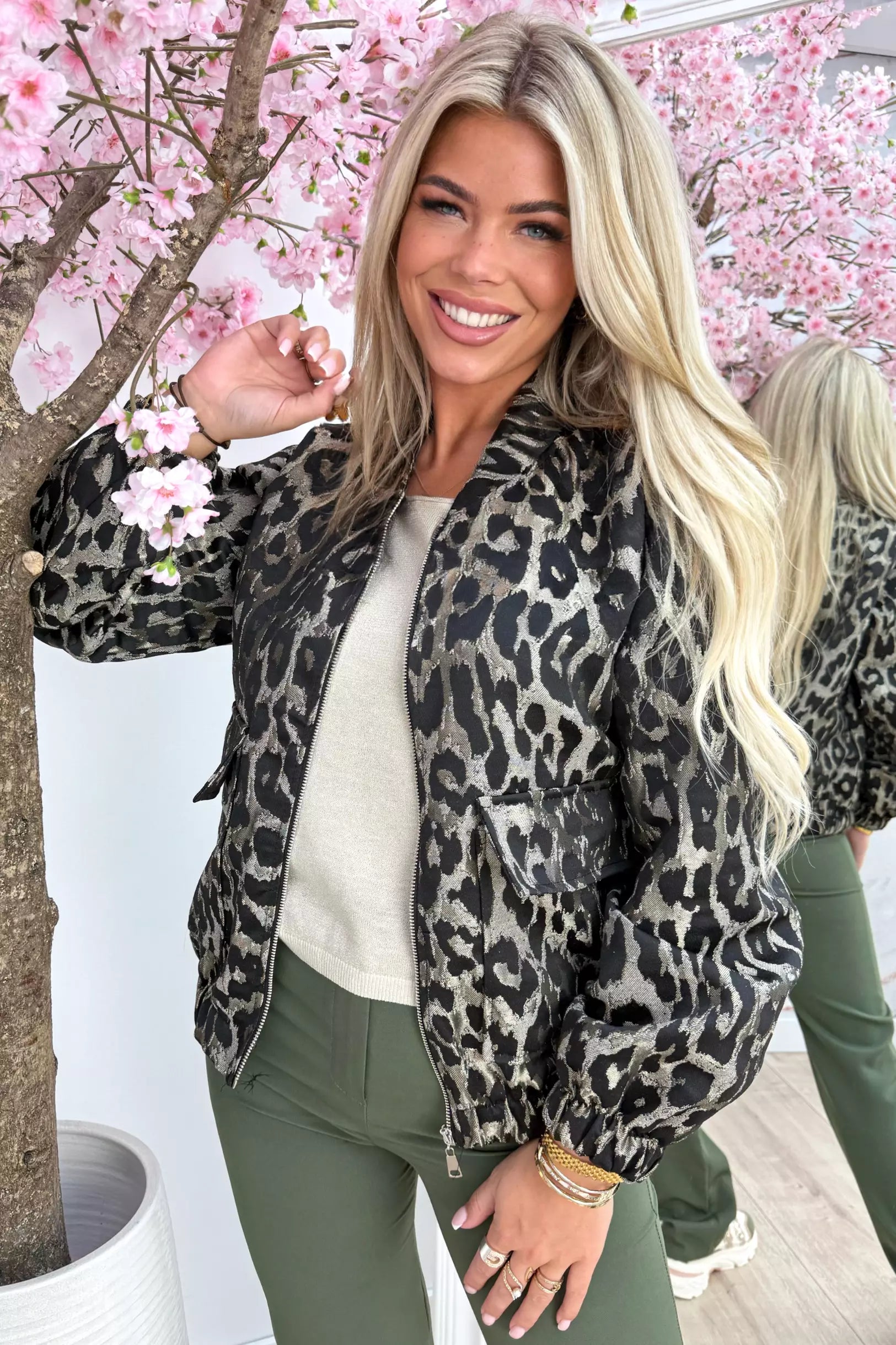 Leopard zipper bomber - Dk. grijs