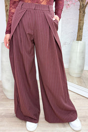 Pleated wide leg stripe pantalon - Bordeaux