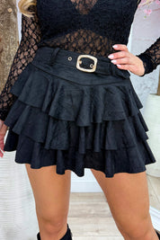 Belted suede look layered skort - Zwart