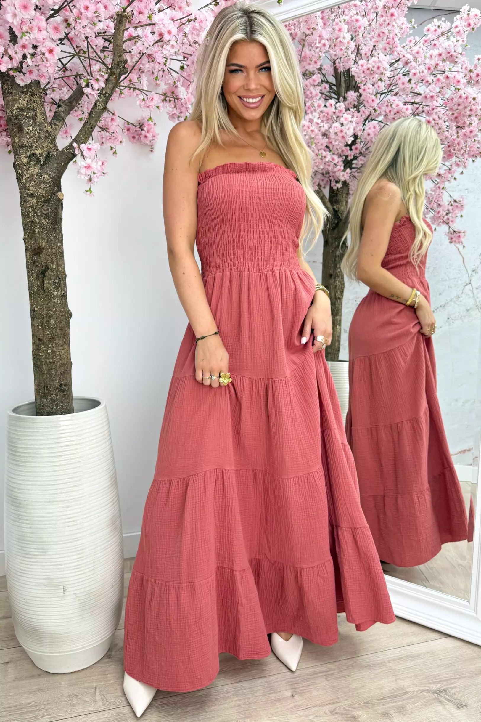 Sweet Strapless Cotton Dress - Terracotta