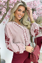 Stripes and embroidery blouse - Bordeaux