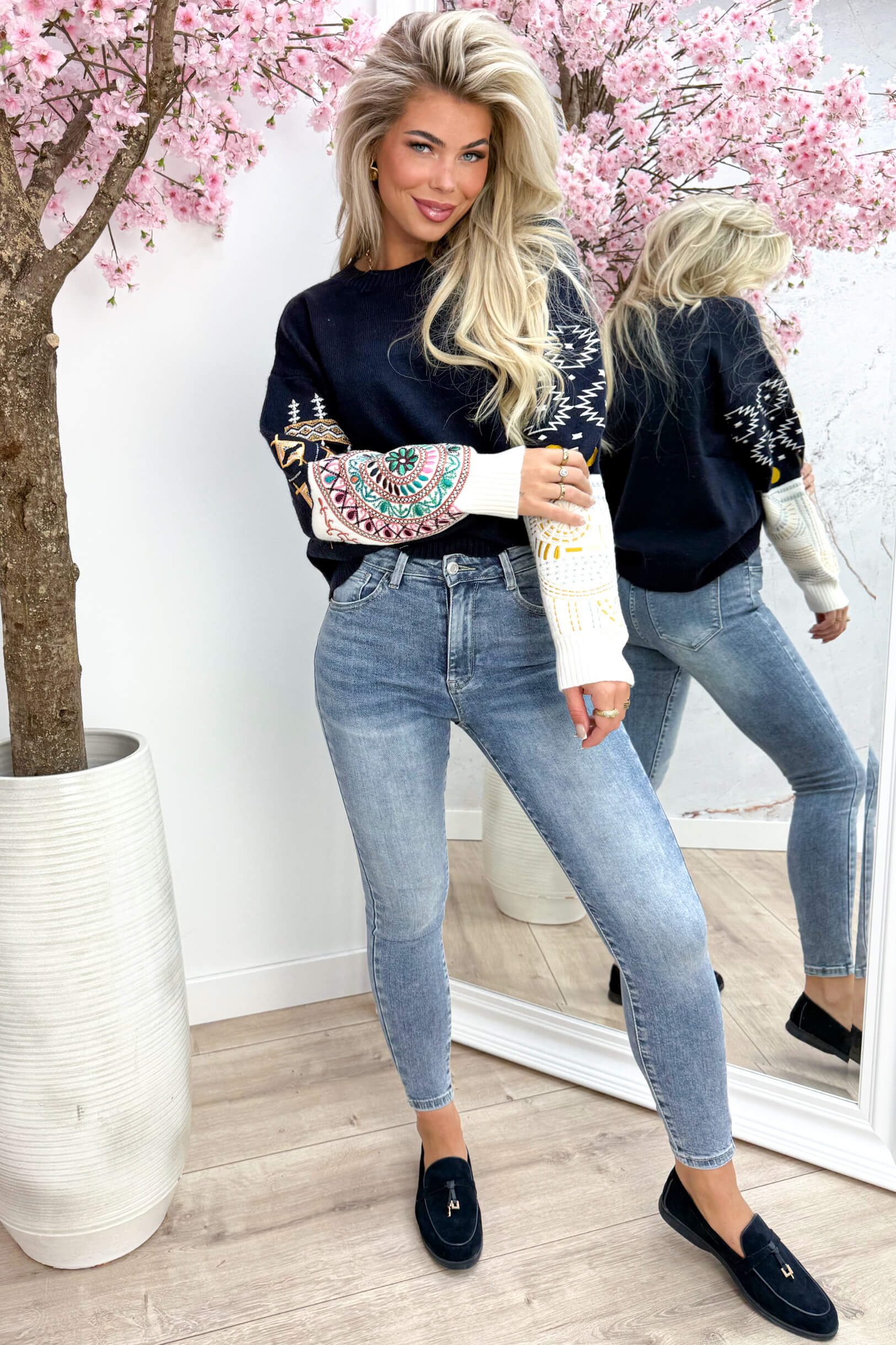 Aztec sleeve trui - Navy
