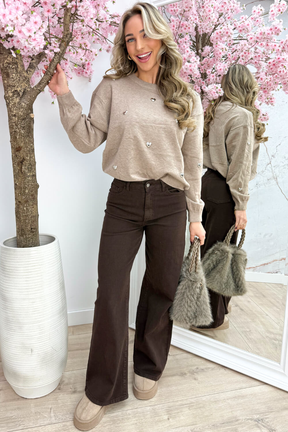 Silver hearts trui - Taupe