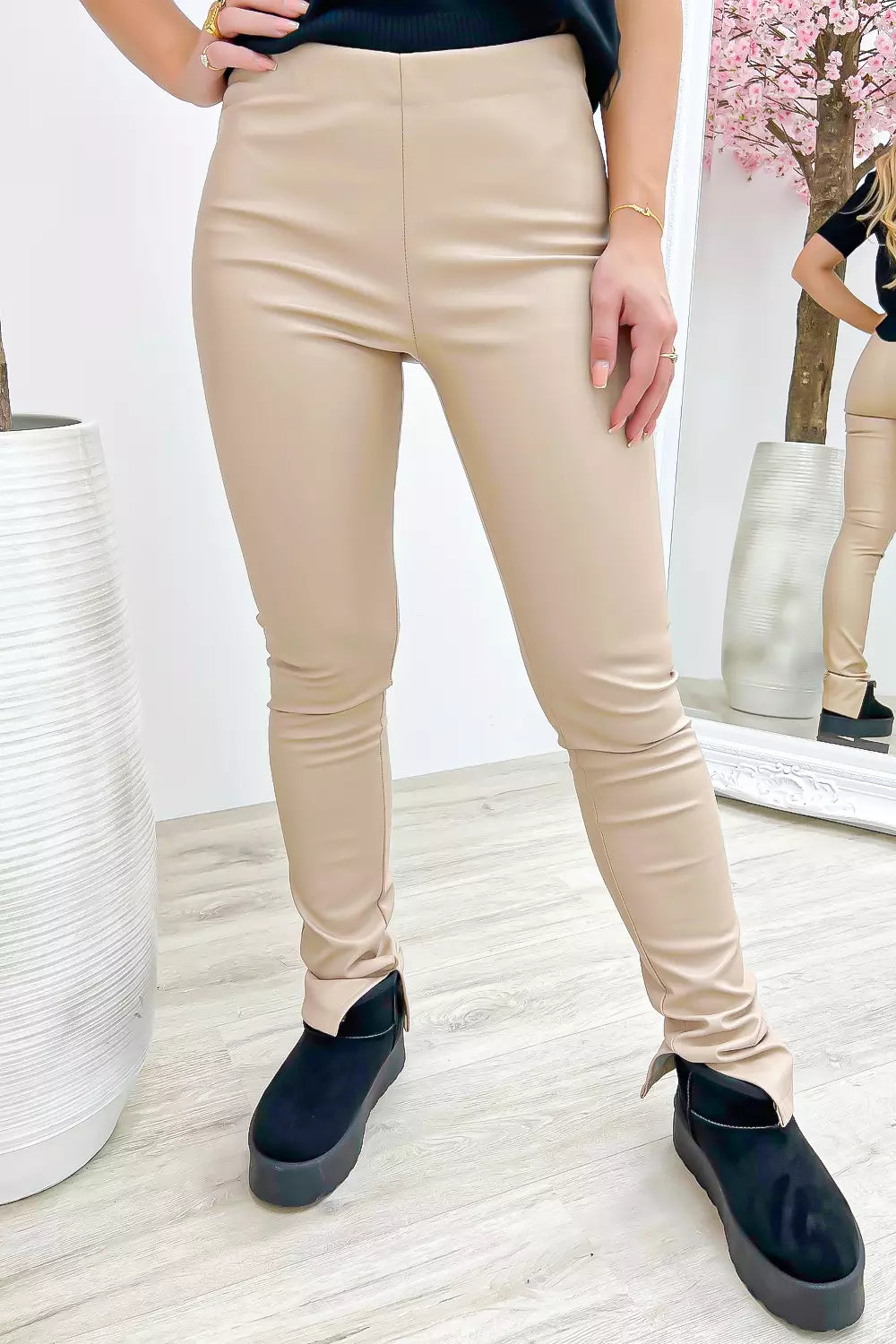 Leather Look Split Pants - Beige