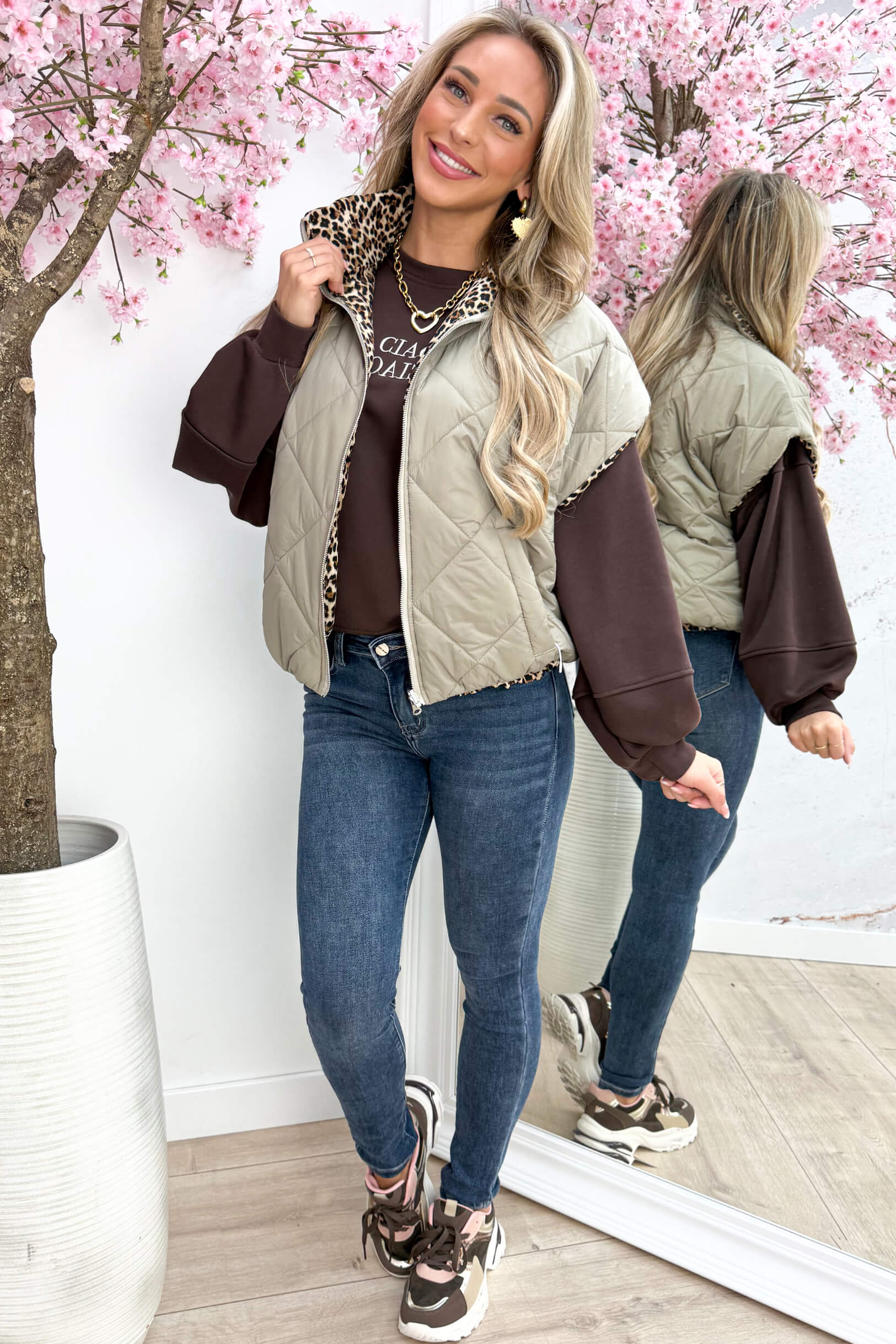 Reversible leopard bodywarmer - Taupe