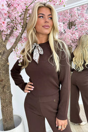 Soft ribbed bow topje - Bruin
