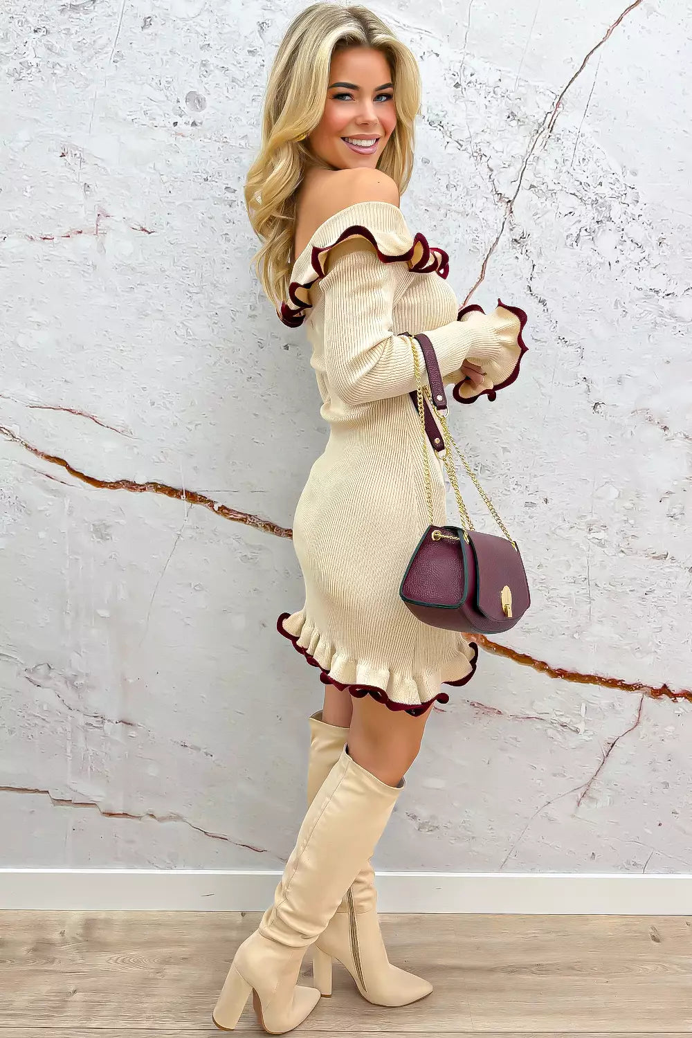 Cute ruffle off shoulder dress - Beige