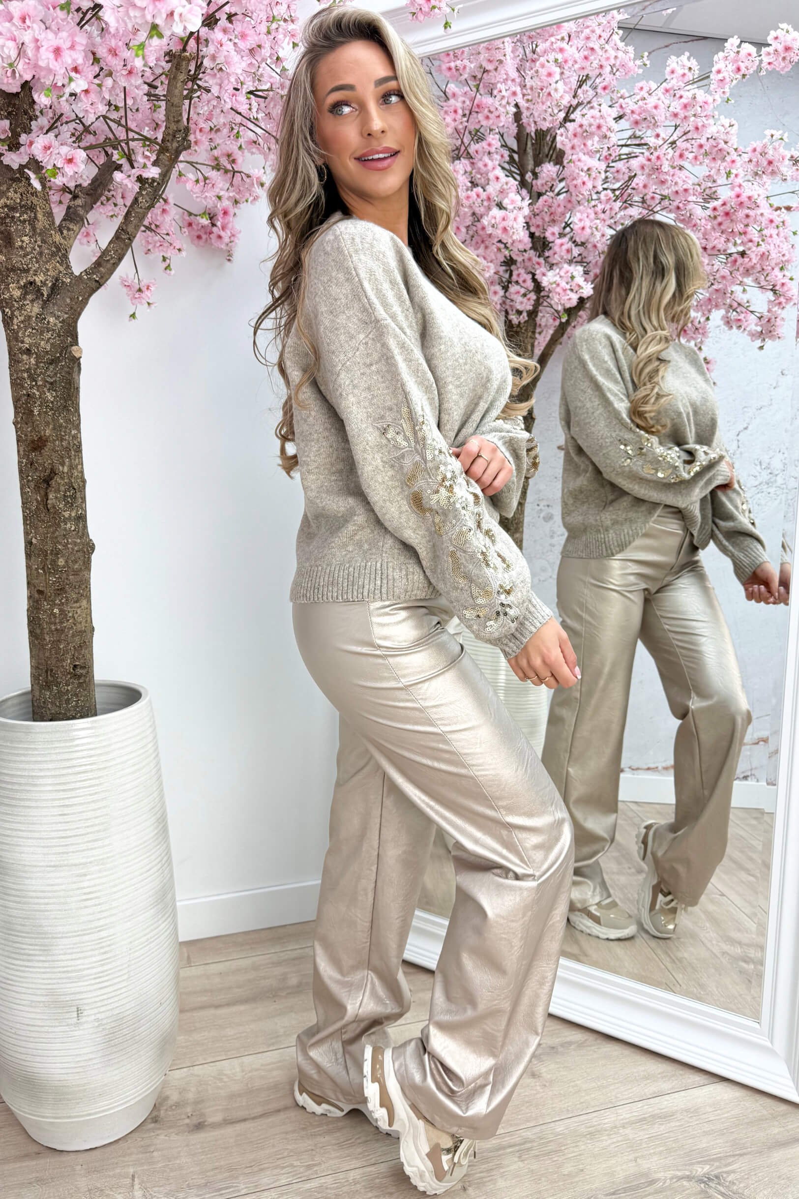 Fiore paillet trui - Taupe