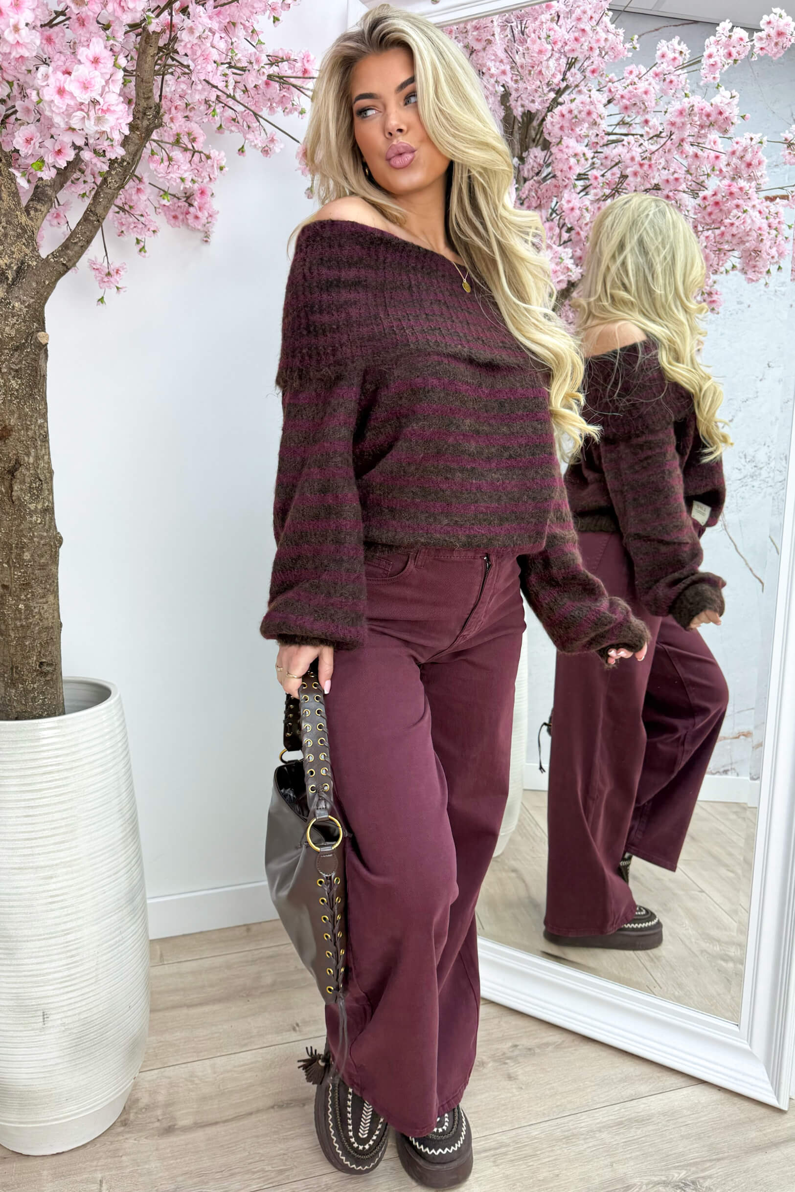 Good life off shoulder stripe trui - Bordeaux
