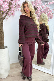 Good life off shoulder stripe trui - Bordeaux