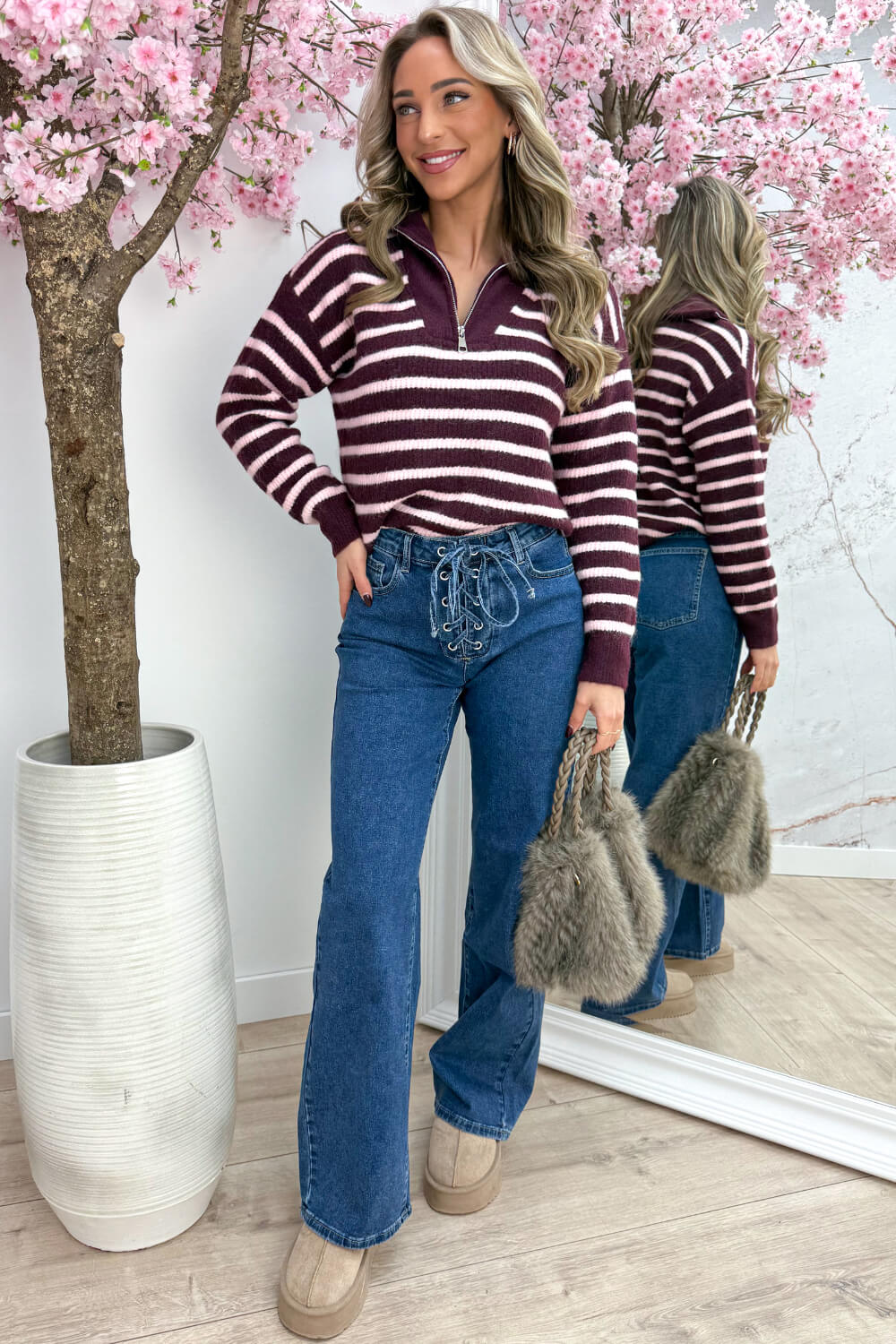 Striped zipper trui - Roze