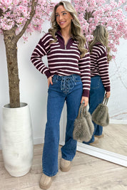 Striped zipper trui - Roze