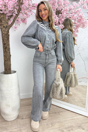 Embroidery denim blouse - Dk. grijs