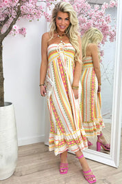 Cotton aztec strapless dress - Fuchsia