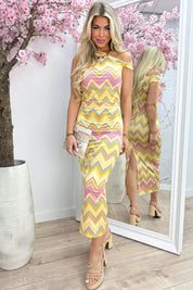 Zigzag gold knot split dress - Geel