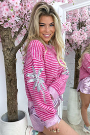 Palm Tree Paillet Sweater - Lollypop Pink