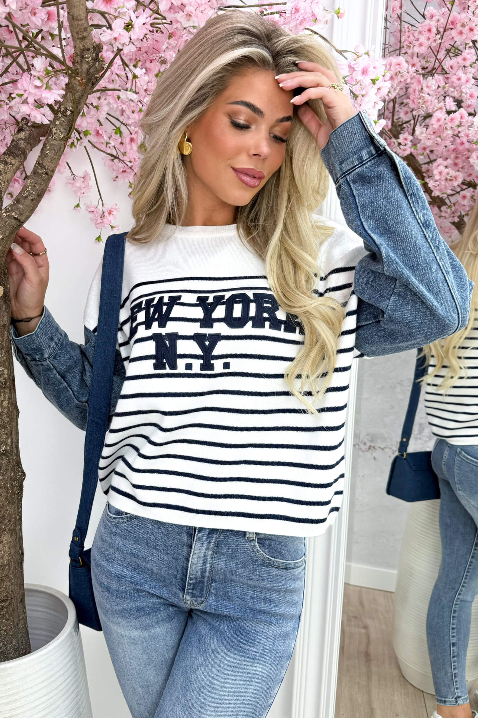 Ney Work Denim Sleeve Trui - White