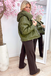 Puffy season leather look winterjas - Olijf