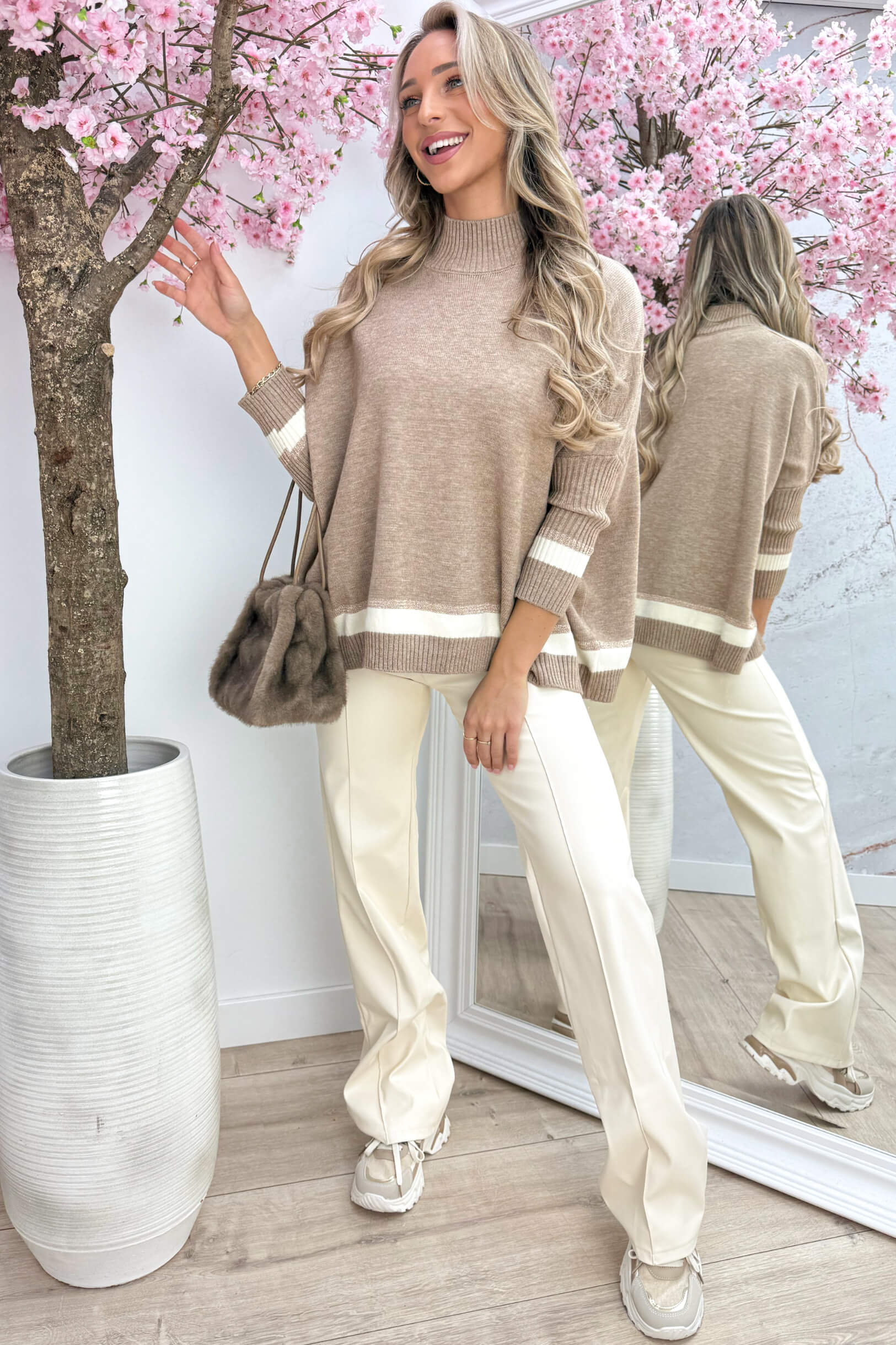 Glitters and striped ribbed trui - Camel