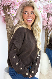 Knitted gold button trui - Bruin