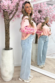 Bloomy embroidery stripe trui - Lollypop roze