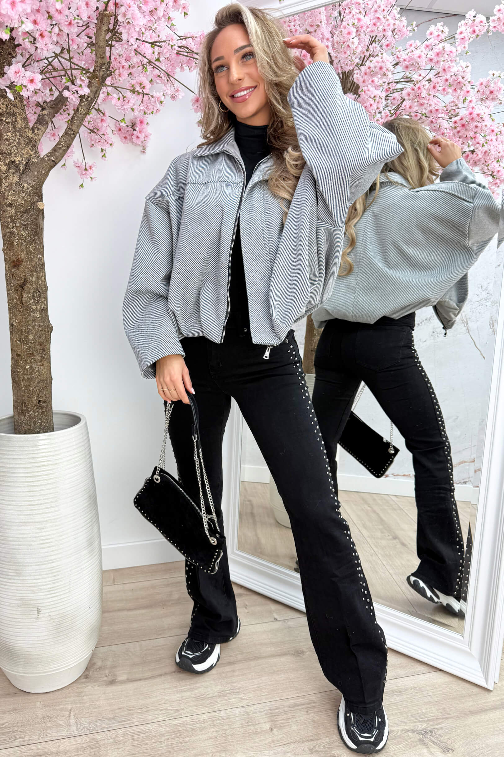 Soft striped bomber - Lt. grijs
