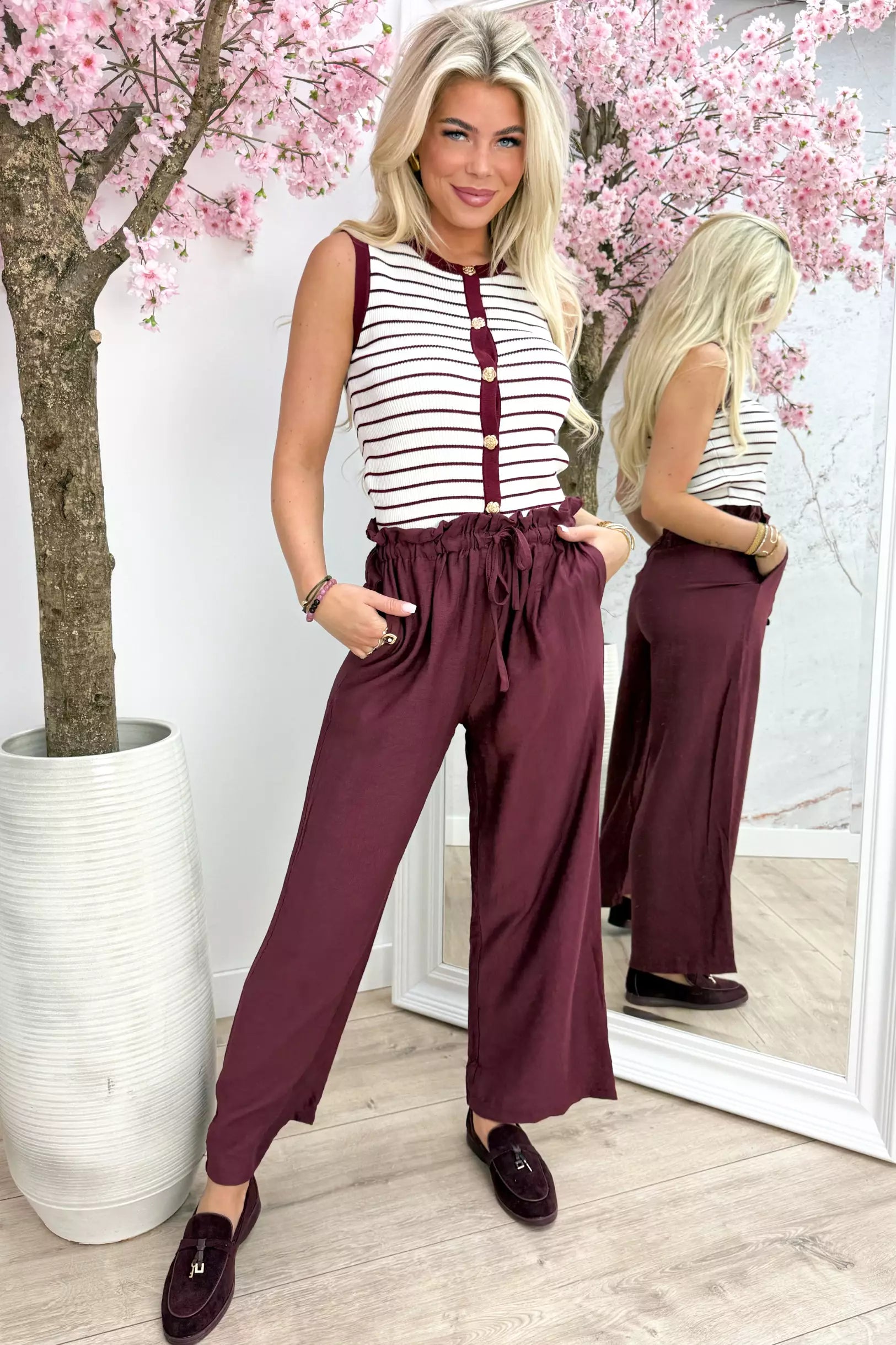 Gold Button Flower Stripe Top - Bordeaux