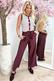 Gold Button Flower Stripe Top - Bordeaux