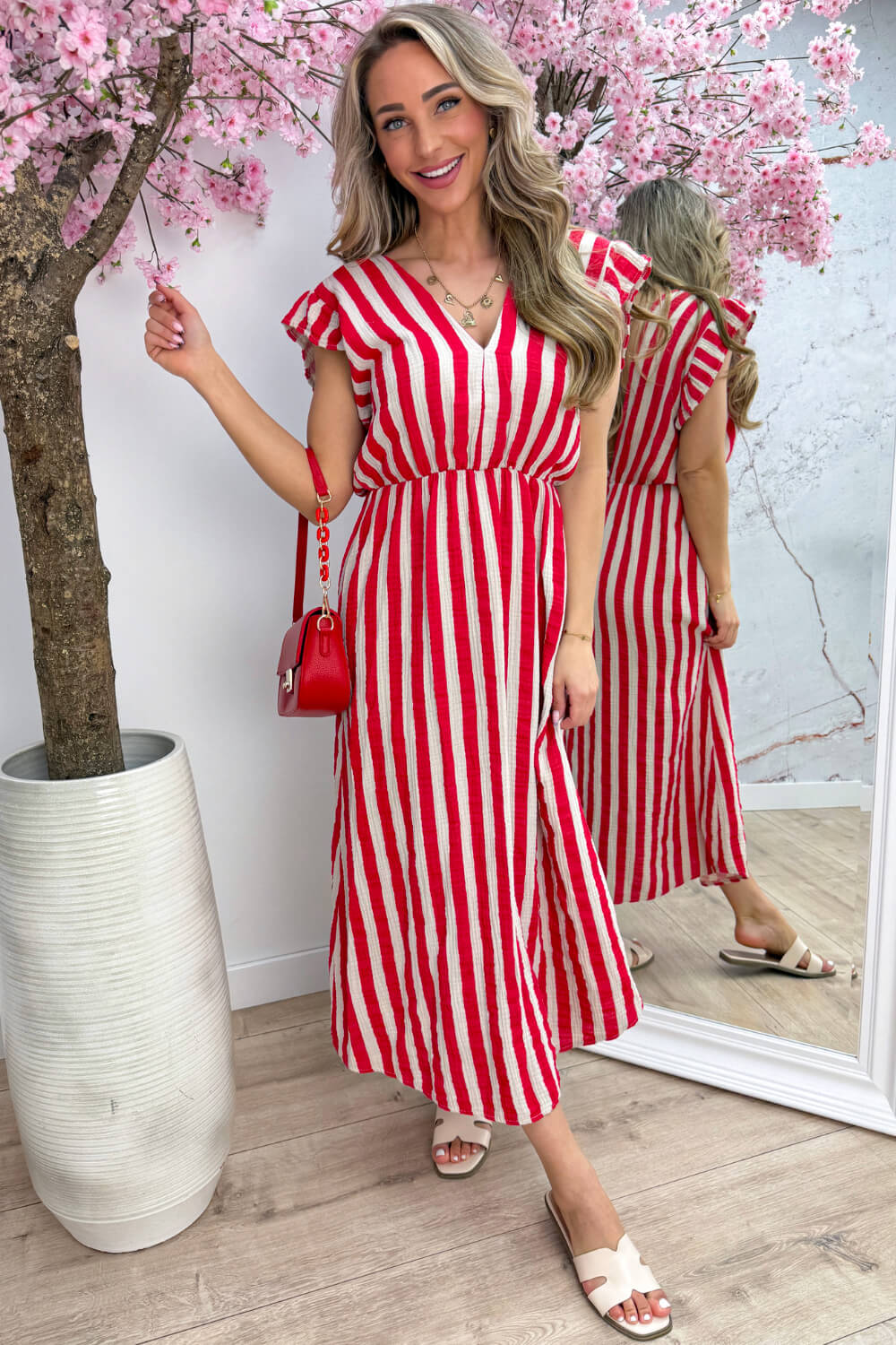Striped cotton ruffle dress - Beige