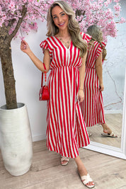 Striped cotton ruffle dress - Beige