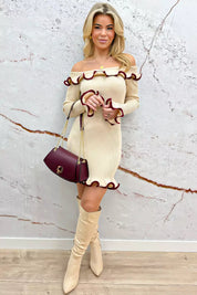 Cute ruffle off shoulder dress - Beige