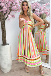 Neon stripe cotton strapless dress - Beige