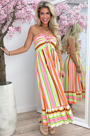 Neon stripe cotton strapless dress - Beige