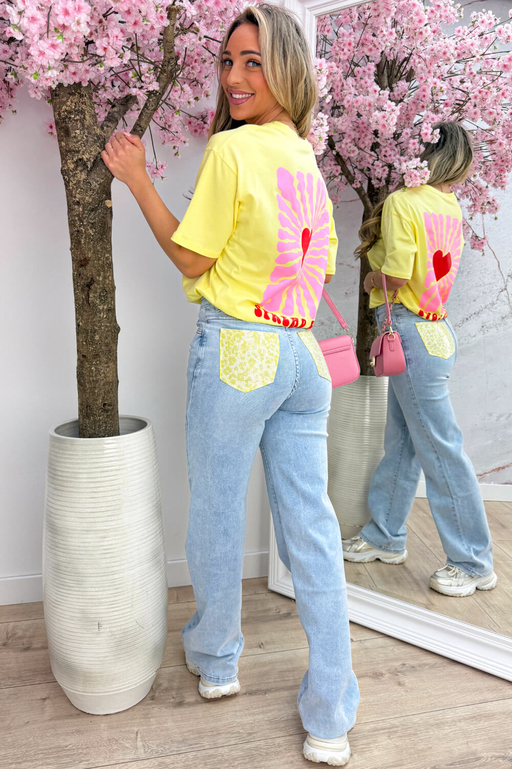 Popular leopard diamond straight leg jeans - Geel