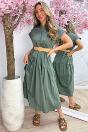 Cotton elegance maxi dress (Incl. riem) - Army