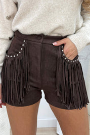 Suede look fringe short - Bruin
