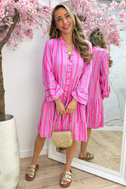 Sunny stripes cotton ibiza dress - Lollypop roze