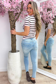 Gold button striped topje - Bruin