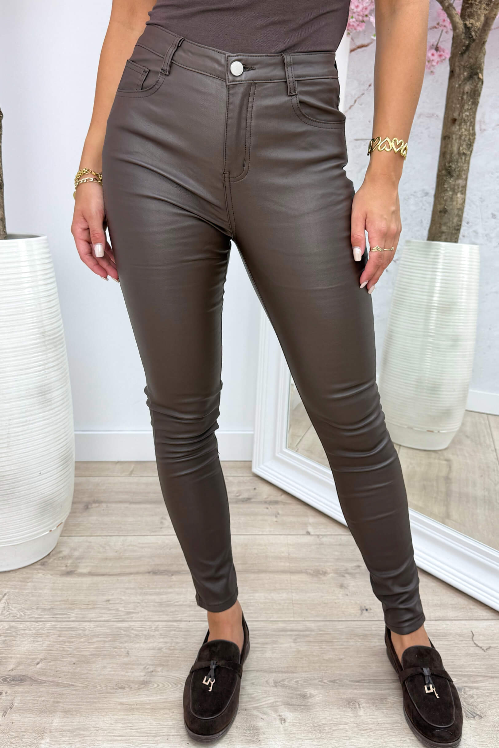 High waist skinny leather look pants - Bruin