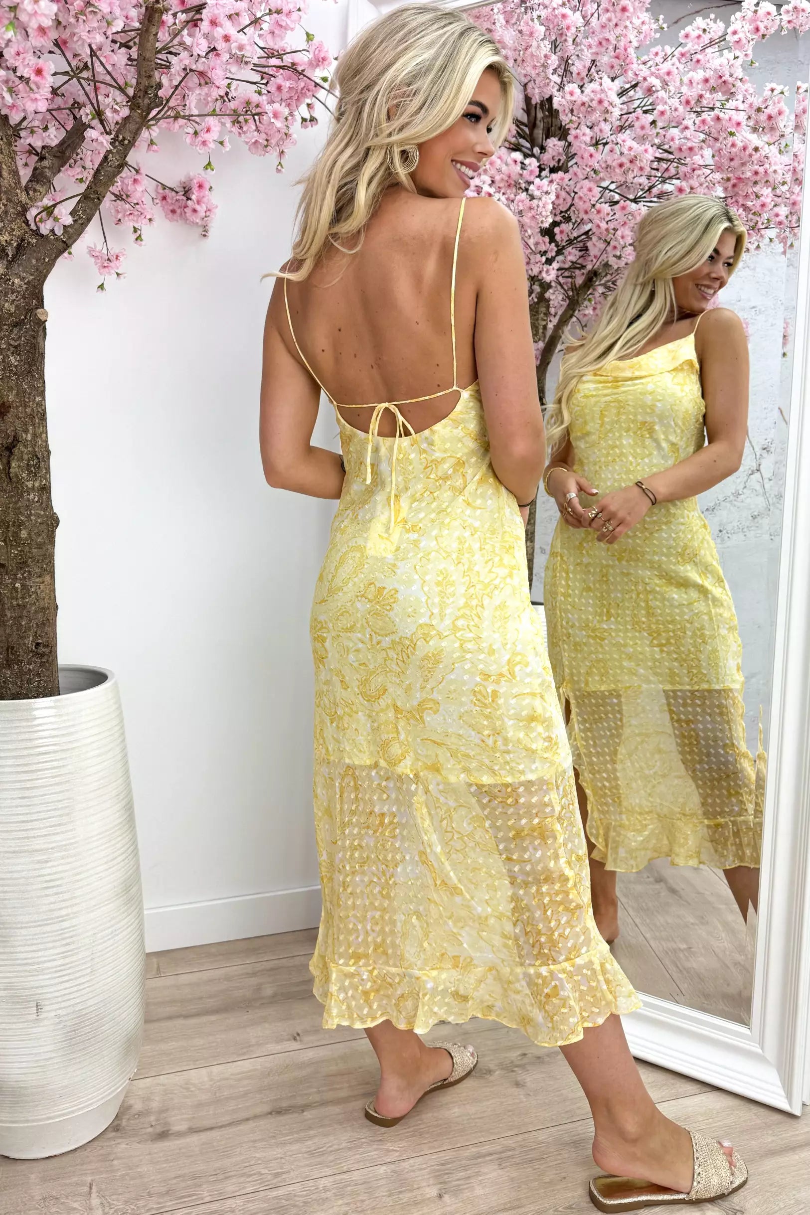 Paisly ruffle split dress - Geel