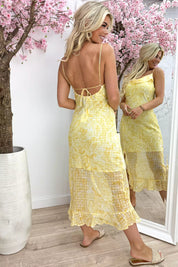 Paisly ruffle split dress - Geel