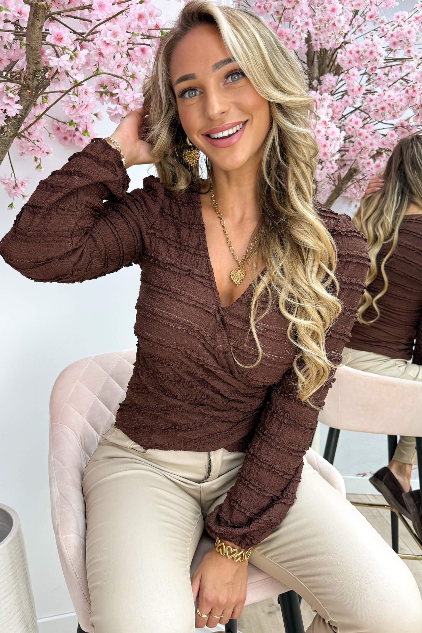 Ruffle split topje - Bruin