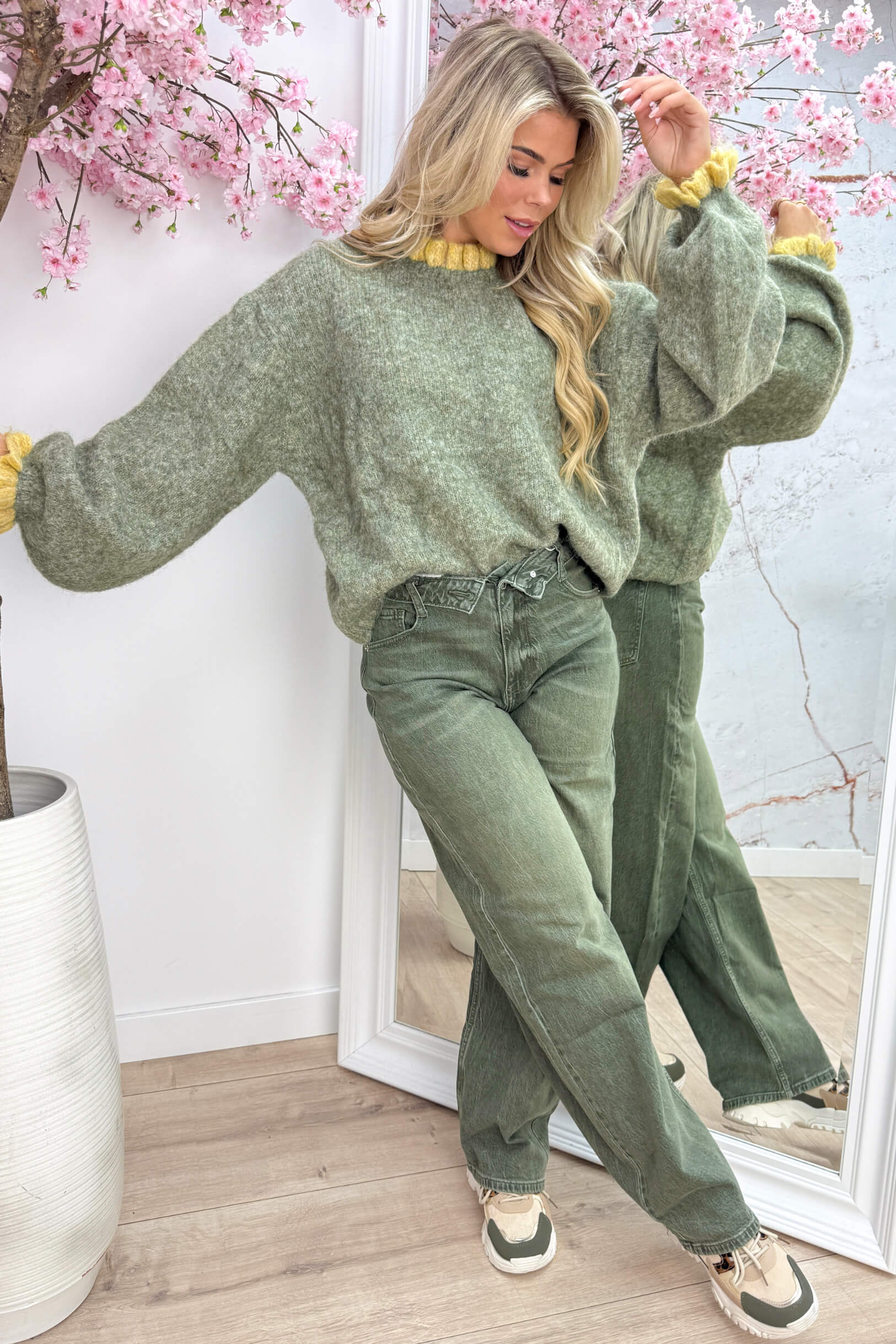 Duo ruffly knitted trui - Army