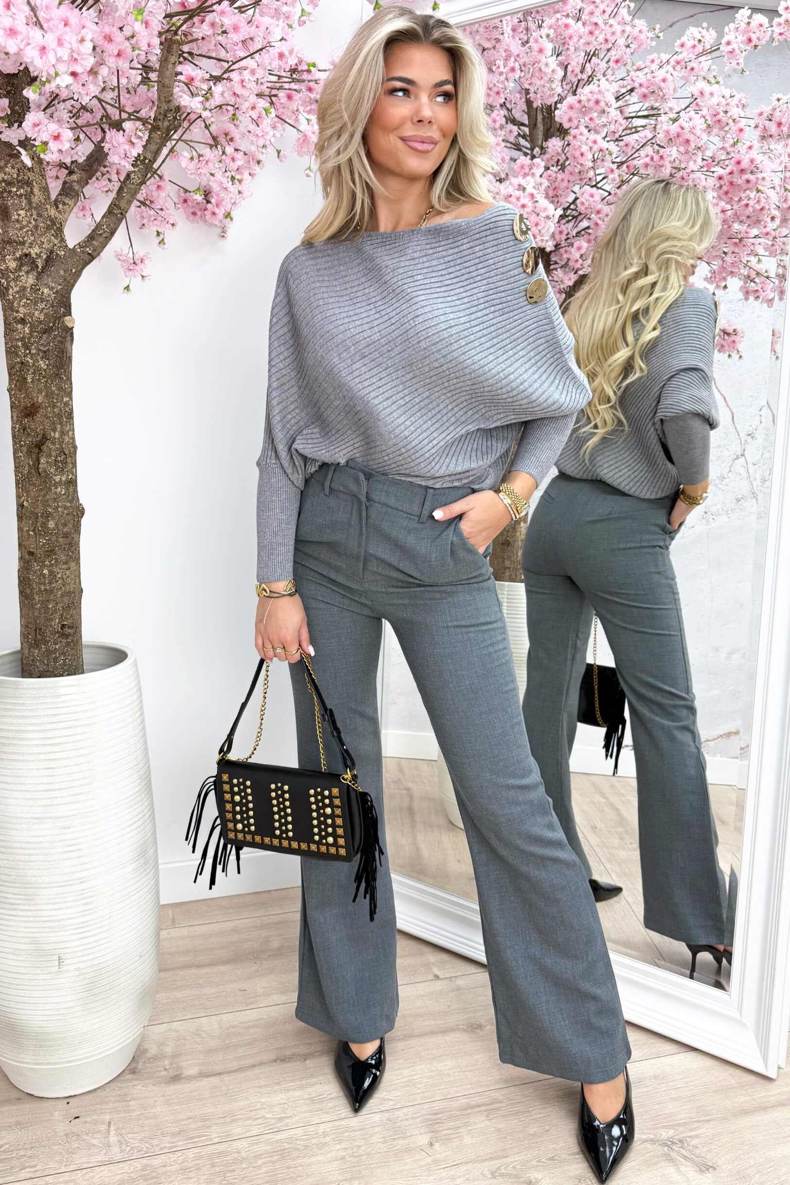 Chic gold button topje - Lt. grijs